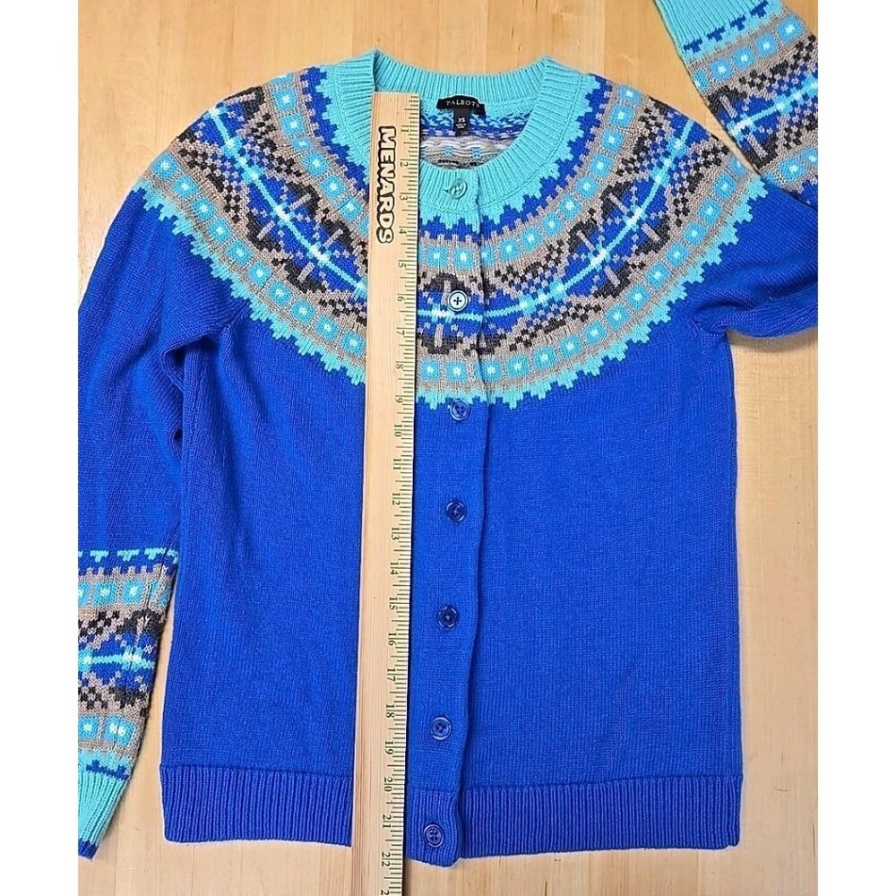 Talbots Nordic Fair Isle Cardigan Sweater Womens Size XS Lambswool Blend Blue - Picture 6 of 8